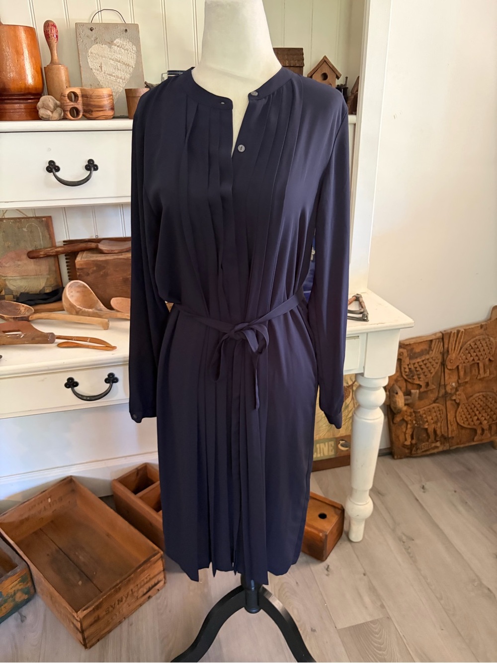 Uniqlo Navy Long Sleeve Pleated Shirt Dress with Tie Waist